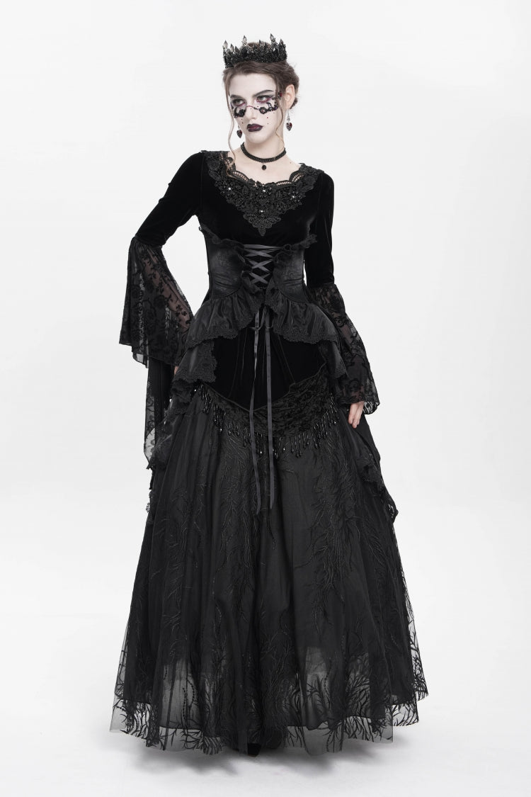 Black Long Sleeves Lace-Up Beaded Pleated Women's Gothic Blouse