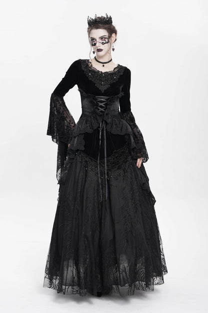 Black Long Sleeves Lace-Up Beaded Pleated Women's Gothic Blouse