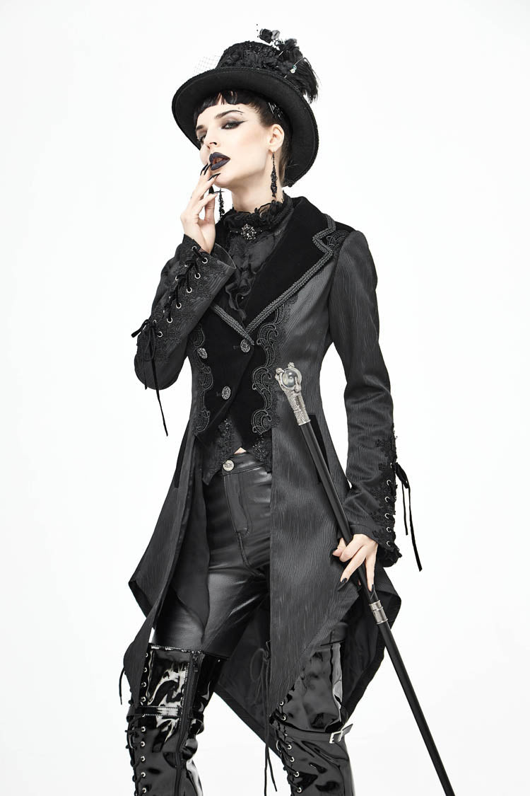 Black Front Decals Metal Button Lace-Up Cuff Dovetail Hem Striped Jacquard Women's Gothic Coat