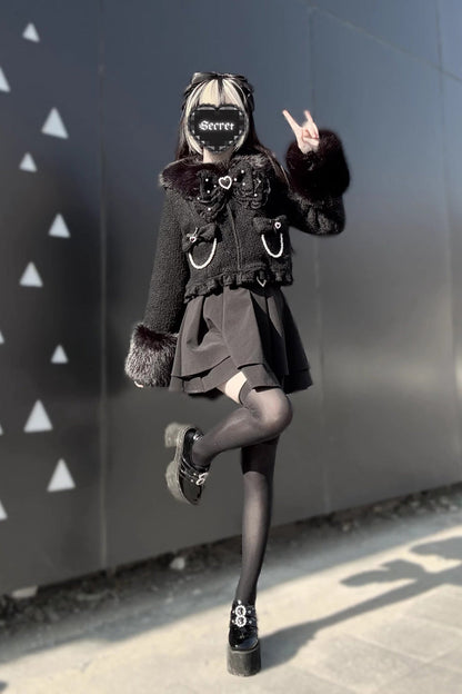 Black Long Sleeves Bow Sheep Wool Gothic Jirai Kei Japanese Short Coat