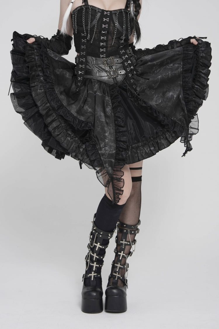 Black Multi-Layered Printed Spliced Lace Lace-Up Buckled Pleated Eyelet Women's Gothic Skirt