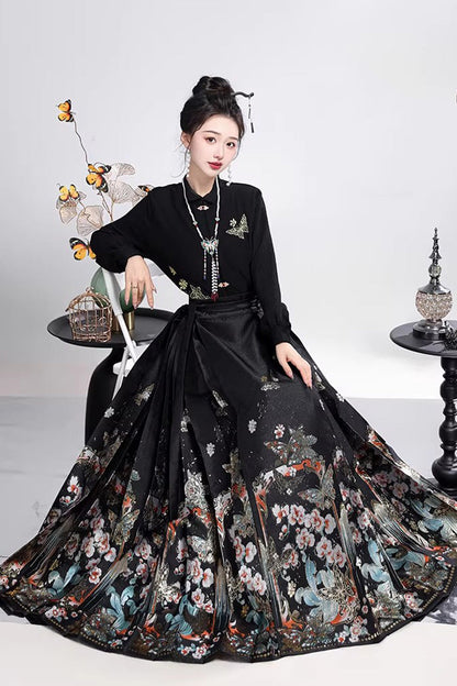 Black Long Sleeves High Waisted Printed Ruffled Zhuanghua Brocade Gothic Hanfu Horse-face Skirt Set