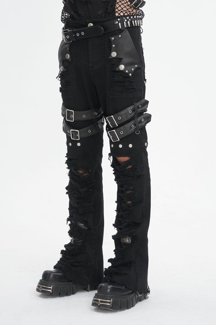 Black High Waisted Ripped Detachable Tassels  Men's Punk Pants
