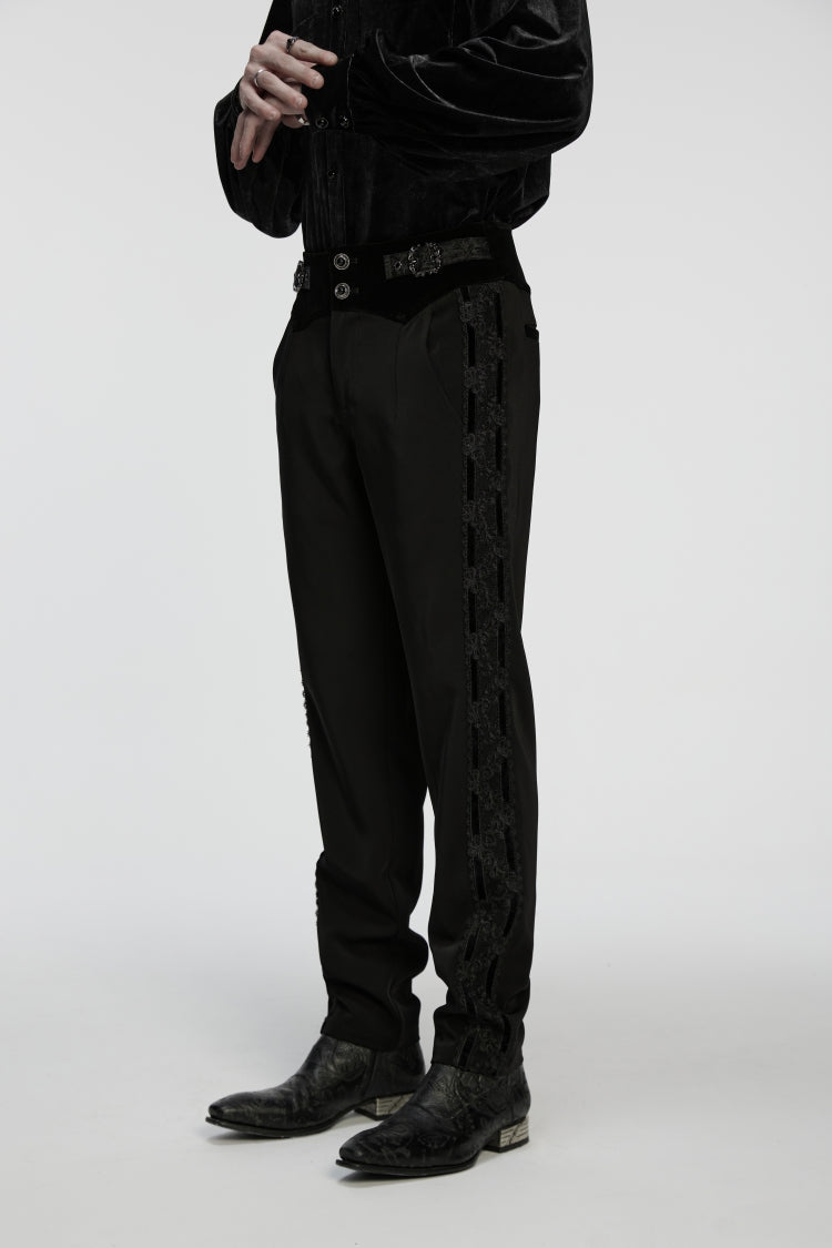 Black Embroidered Lace Buckled Men's Gothic Pants