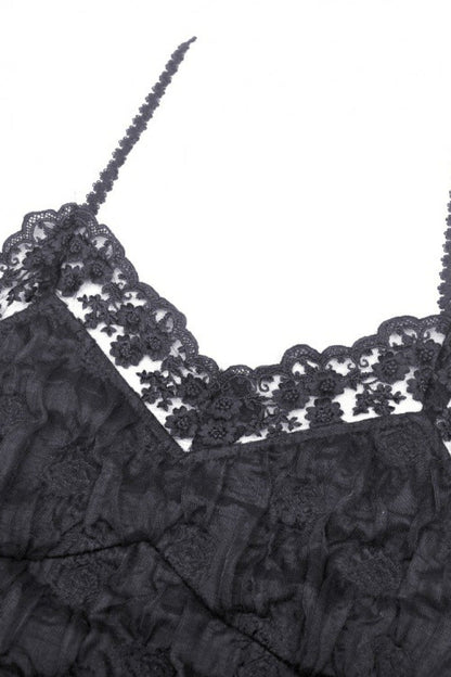 Black Off Shoulder Halterneck Lace Crinkle Women's Gothic Tank Top