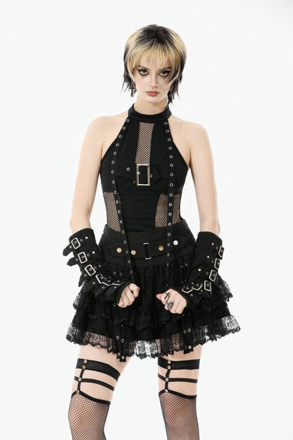 Black Off Shoulder Halterneck Sleeveless Mesh Eyelet Strap Women's Punk Top