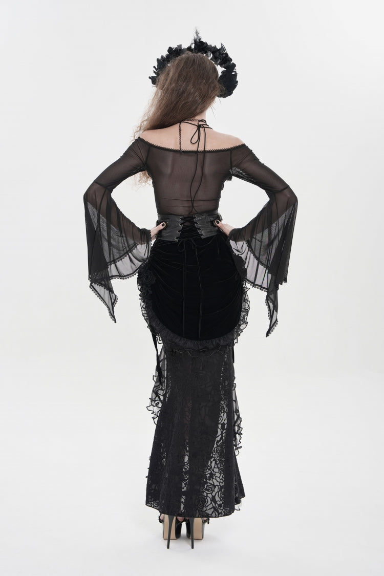 Black Embroidered Rose Lace-up Irregular Women's Gothic Hem Skirt