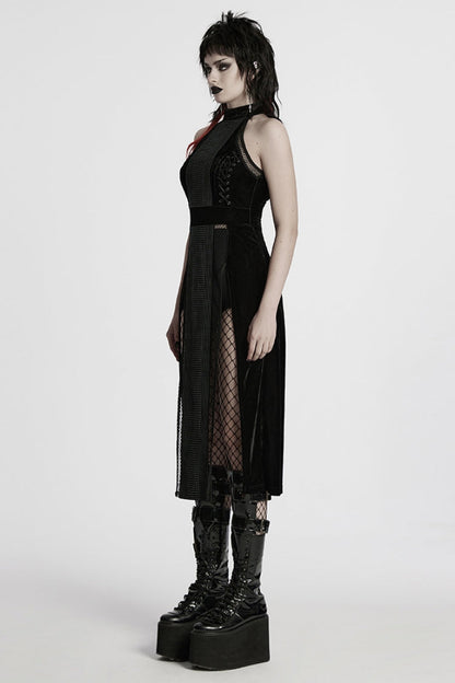 Black Halterneck Sleeveless Stitching Mesh Women's Gothic Dress