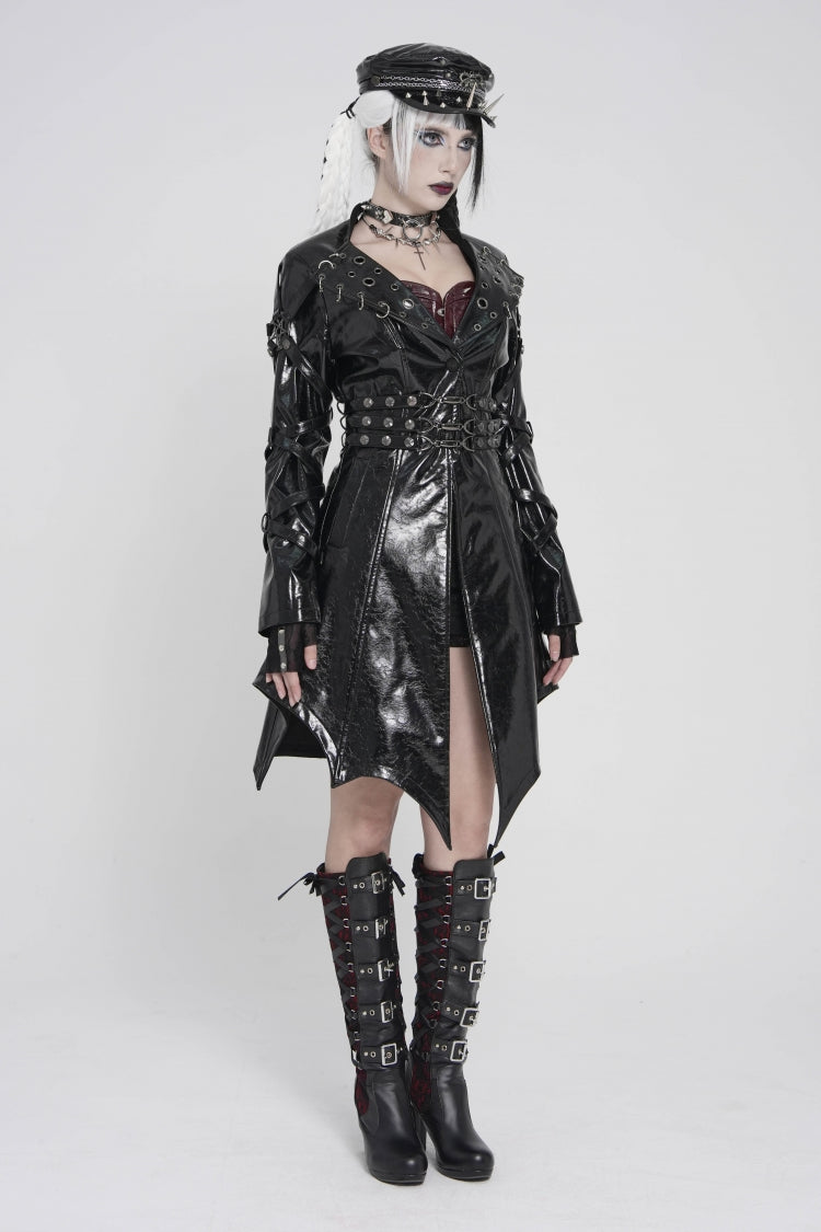 Black Lapel Collar Long Sleeves Lace-Up Irregular Eyelets & Rings Women's Punk Coat