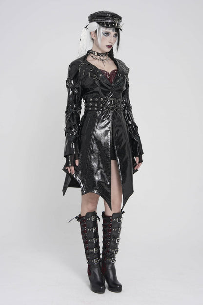Black Lapel Collar Long Sleeves Lace-Up Irregular Eyelets & Rings Women's Punk Coat