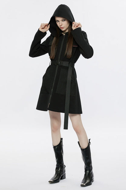 Black Long Sleeves Buckle Belt Hooded Women's Punk Dress