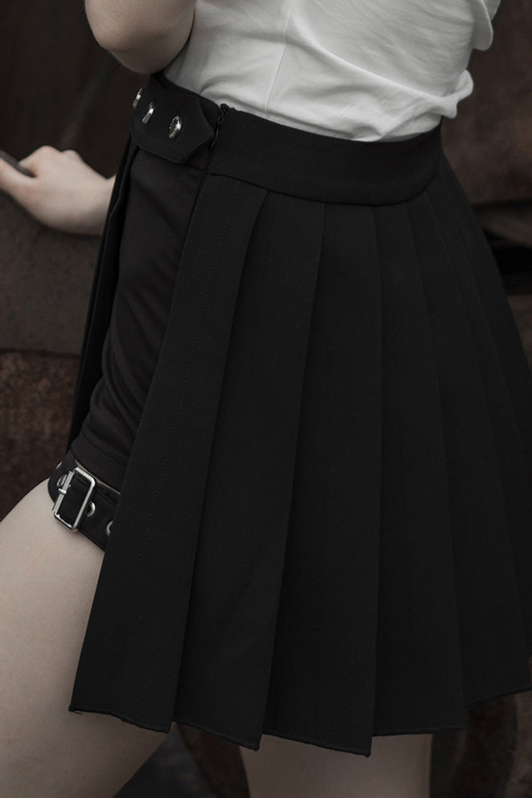 Black Fake Two-Piece Side Metal Buckle Pleated Women's Punk Skirt