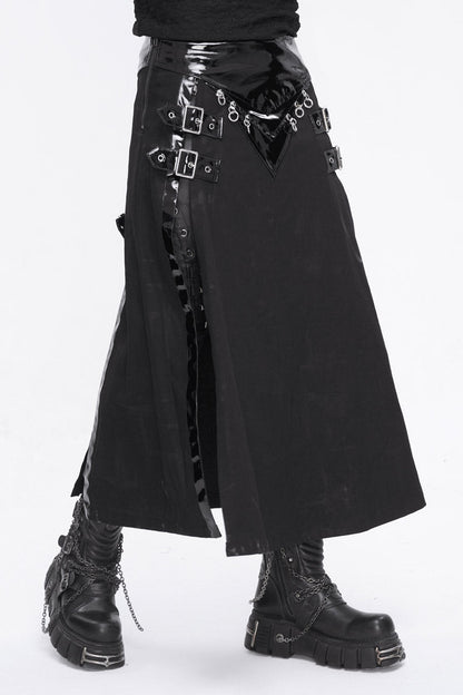 Black Patent Leather Splice Split Men's Punk Skirt