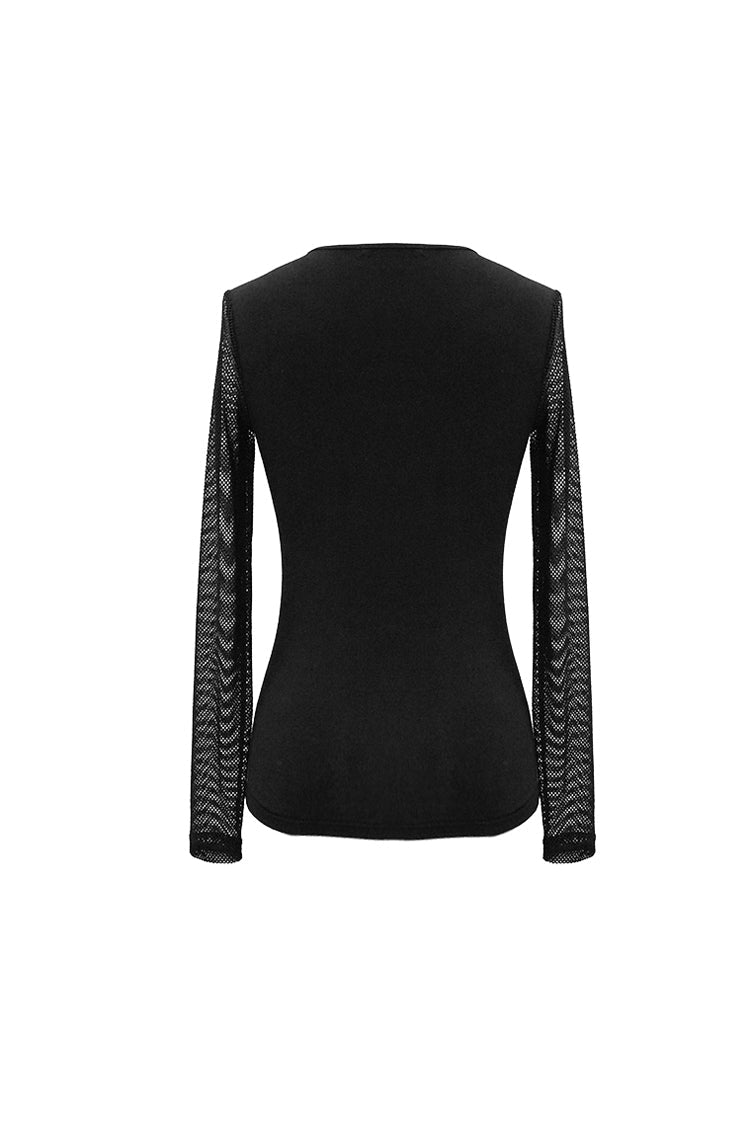 Black Chest Perspective Pentagram Lace Up Mesh Tight Women's Punk T-Shirt