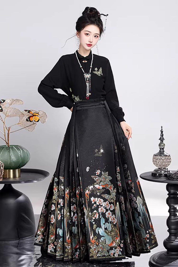 Black Long Sleeves High Waisted Printed Ruffled Zhuanghua Brocade Gothic Hanfu Horse-face Skirt Set