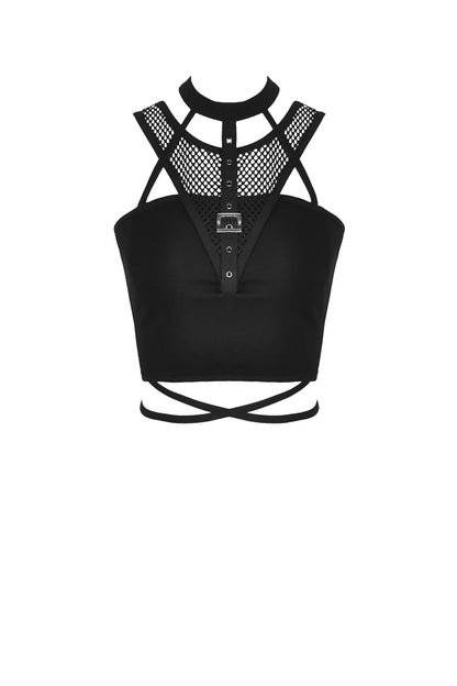 Black Halterneck Spliced Mesh Strappy Buckle Eyelet Harness Women's Punk Midriff-Baring Tank Top