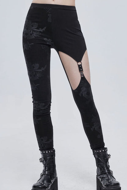Black Gothic Ripped Spider Web Print Asymmetric Belt Buckle Decoration Women's Leggings