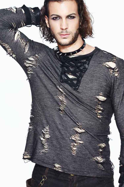 Black Long Sleeves Broken Holes Chest Lace Up Loop Cuff Men's Punk Shirt