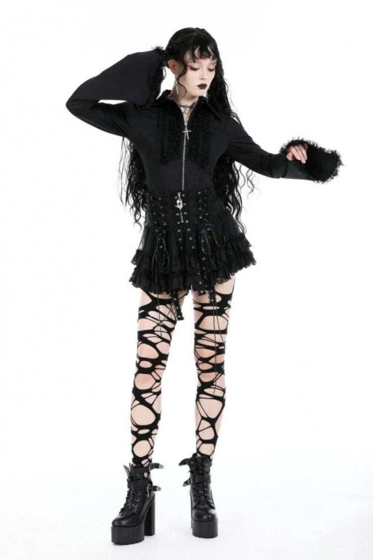 Black Layered Lace Mesh Lace-Up Zippered Women's Punk Mini Skirt