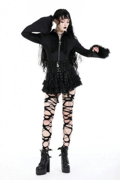 Black Layered Lace Mesh Lace-Up Zippered Women's Punk Mini Skirt