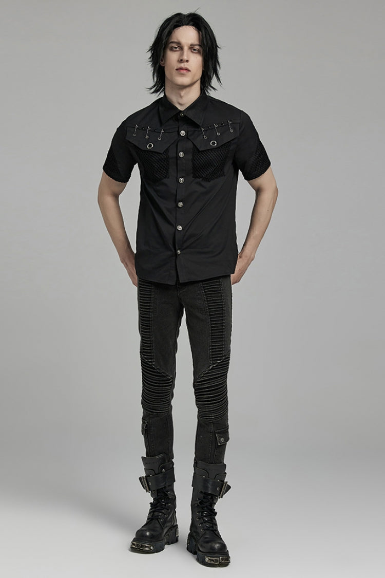 Black Lapel Collar Short Sleeves Mesh Stitching Men's Punk Blouse