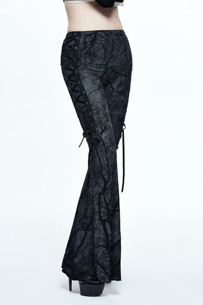Black Mysterious Forest Gothic Branch Printing Bellbottom Womens Pants