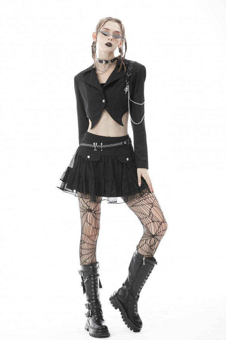 Black Lapel Collar Long Sleeves Chain-Decorated Women's Punk Irregular Short Jacket