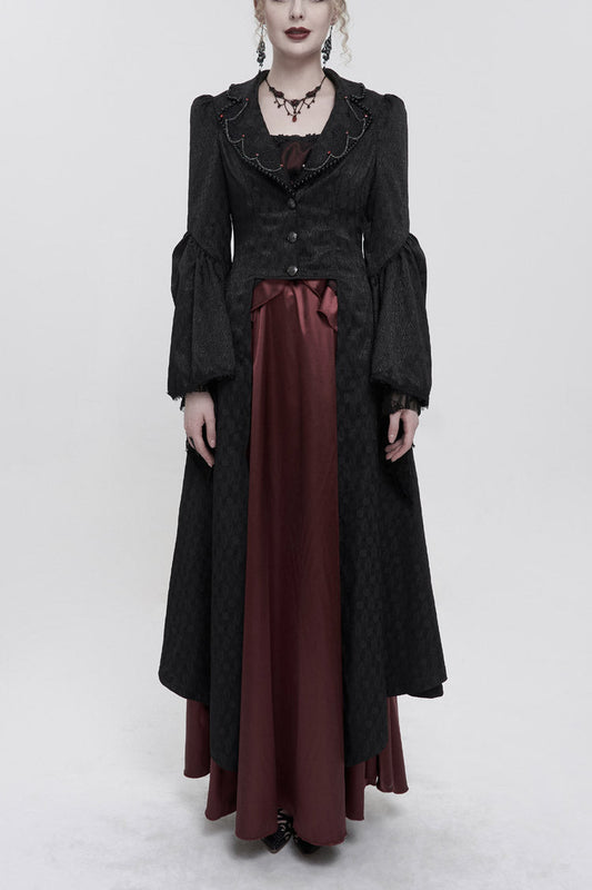 Black Jacquard Short Front Long Back Lapel Bead And Chain Trim Large Cuffs With Lace Trim Back Strap Thin Long Women's Gothic Coat