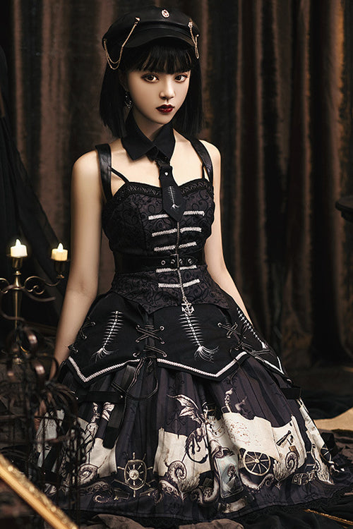 Black New Pirate Ship Print Full Set Gothic Lolita JSK Dress