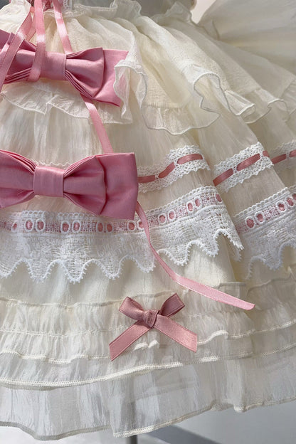 Apricot/Pink [Prelude to Spring Song] Sleeveless Multi-Layered Ruffle Bowknot Lace Sweet Princess Ballet Lolita Jsk Dress