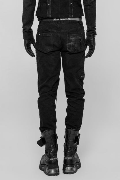Black Hand-Painted Crafts Stitching Ripped Men's Steampunk Jeans Pants