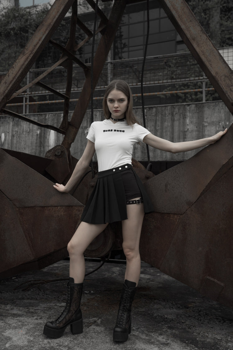 Black Fake Two Pieces Side Metal Buckle Women's Punk Skirt