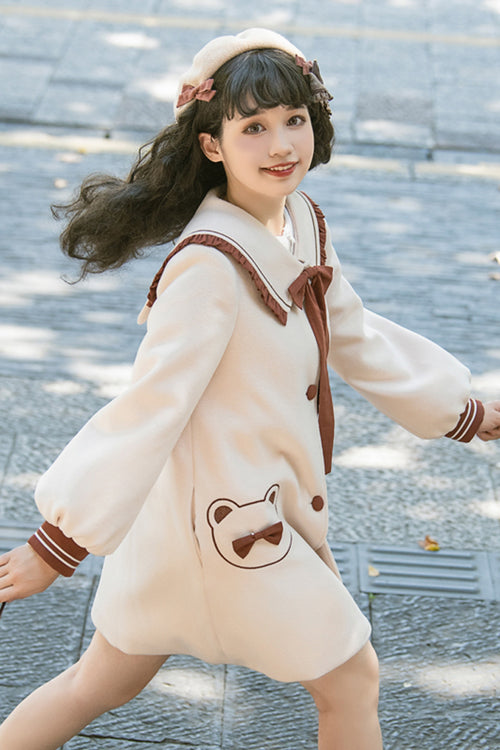 Beige Single Breasted Square Collar Long Sleeved Wool Sweet Lolita Coat
