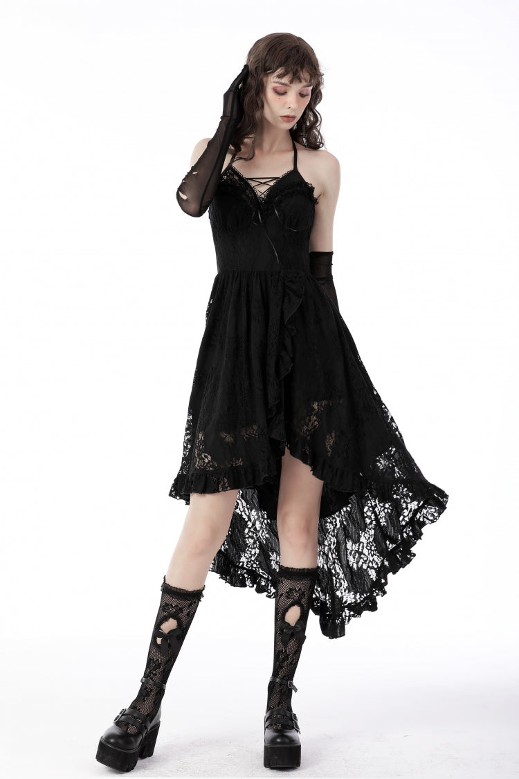 Black Off Shoulder Halterneck Ruffled Lace-Up Swallow Tail Floral Lace Women's Gothic Dress