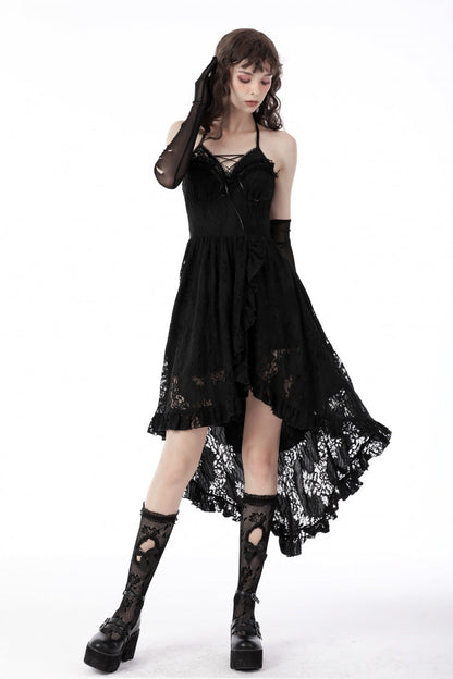 Black Off Shoulder Halterneck Ruffled Lace-Up Swallow Tail Floral Lace Women's Gothic Dress
