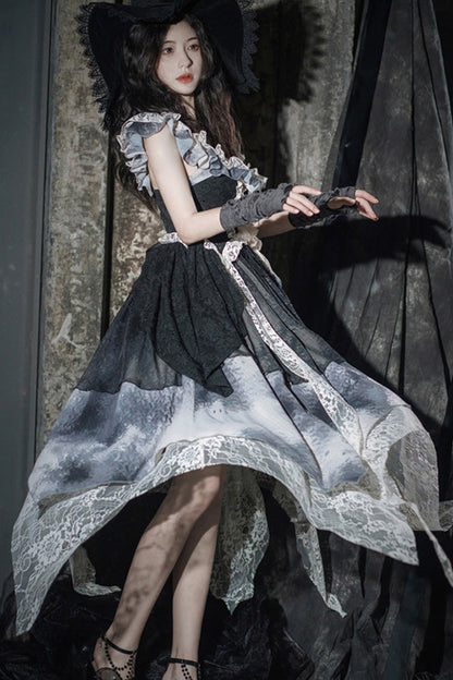 Black Letters And Poems Lace Sleeveless Printed Irregular Gothic Lolita Dress