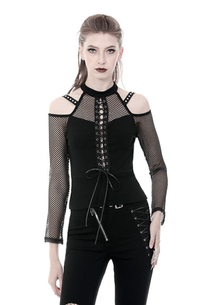 Black Off Shoulder Long Sleeves Lace-Up Mesh Women's Punk Top