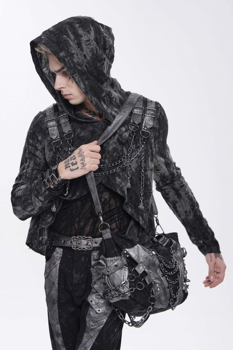 Black Long Sleeves Spliced Hooded Mesh Ripped Faux Two-Piece Zippered Eyelet Men's Punk T-Shirt