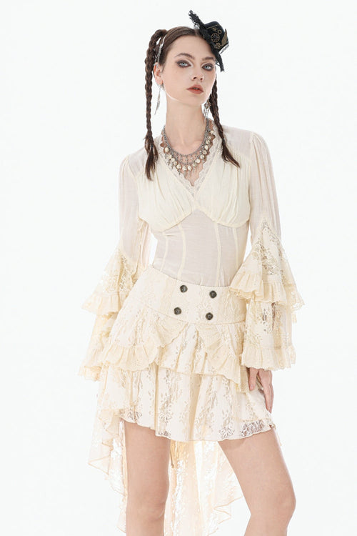Beige V Collar Long Trumpet Sleeves Multi-Layered Lace-Up Women's Stempunk Blouse