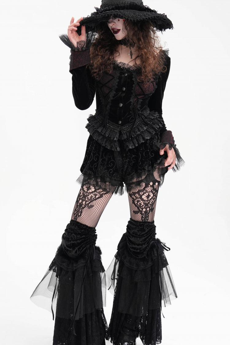 Black Long Sleeves Ruffle Lace-Up Mesh Women's Gothic Blouse