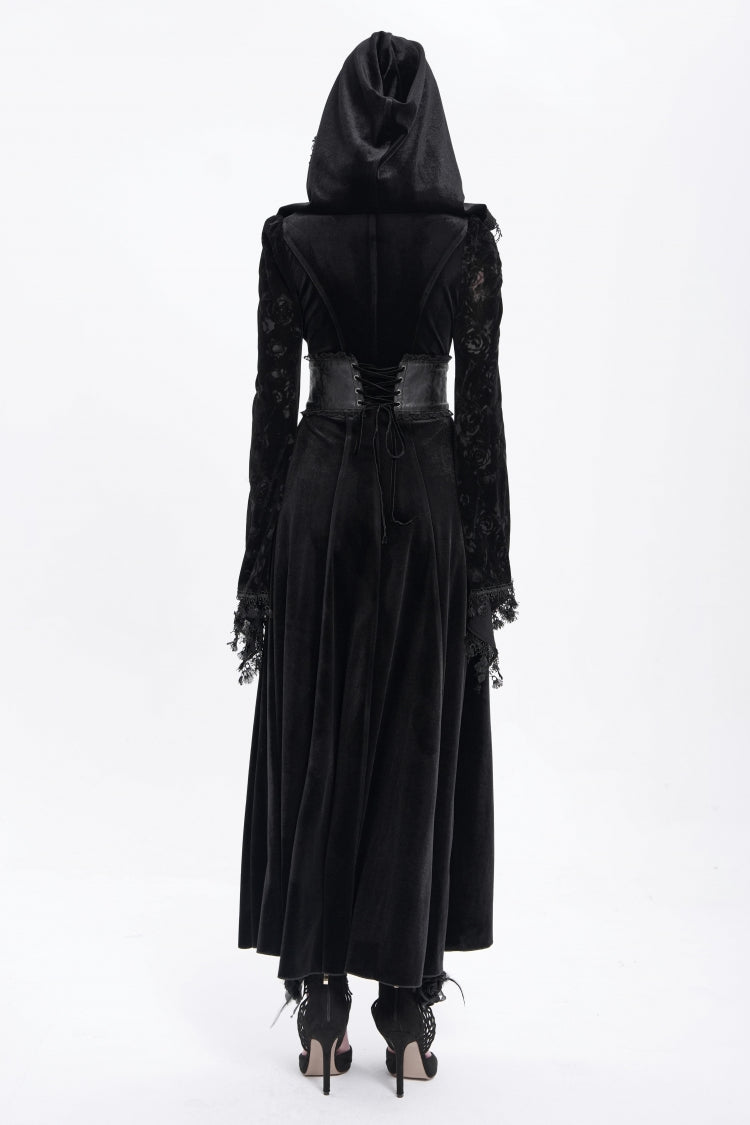 Black Long Sleeves Hollow Embroidery Hooded Ripped Women's Gothic Dress Coat