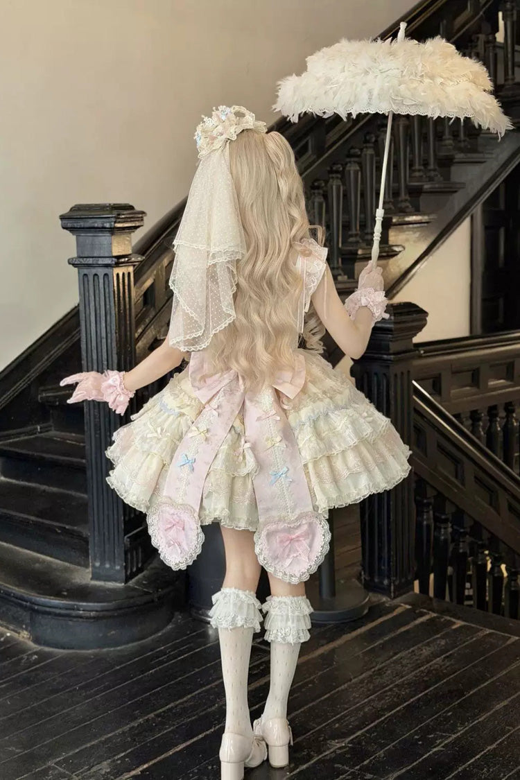 Apricot/Pink [Cloudwhale Dreamweaver] Square Collar Multi-Layered Ruffled Bow Lace Sweet Lolita Jsk Dress
