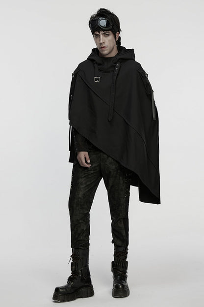 Black Irregular Hooded Buckle Straps Men's Punk Cloak