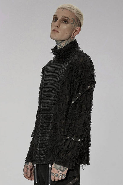 Black High Collar Stitching Ripped Men's Steampunk Blouse