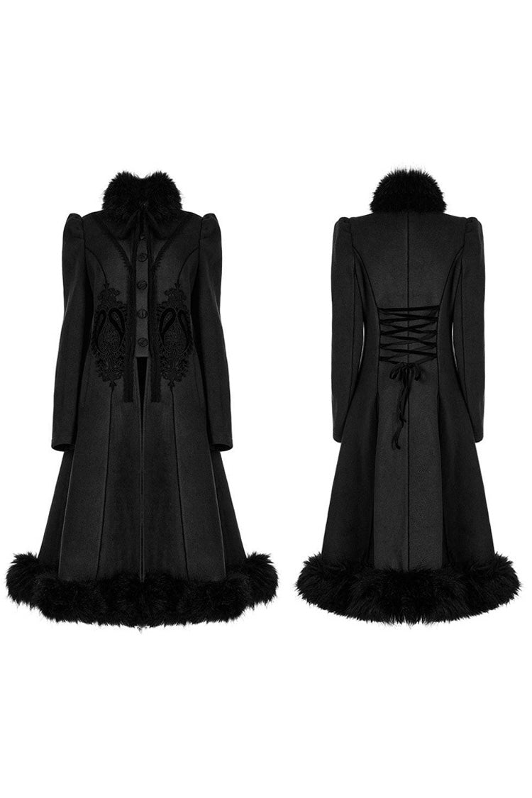 Black Gothic Gorgeous Symmetric Appliqu¨¦ Detachable Big Fur Collar Loose Hem Long Women's Coat