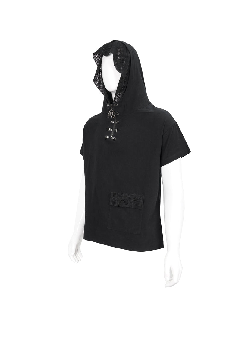 Black Hooded Mesh Splice Zipper Back Openwork Lace-Up Casual Short Sleeve Men's Punk T-Shirt