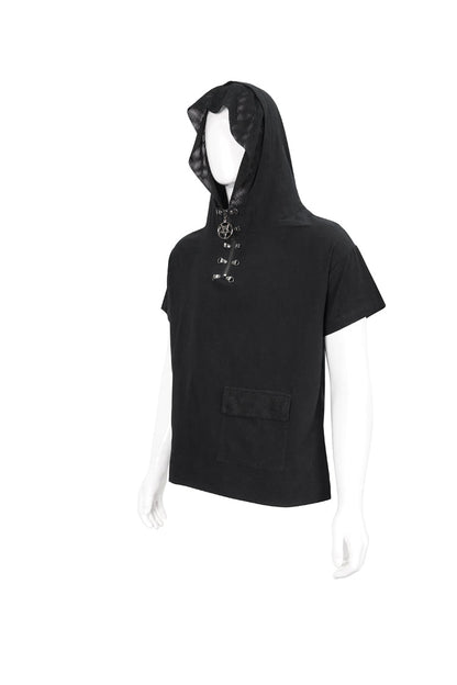 Black Hooded Mesh Splice Zipper Back Openwork Lace-Up Casual Short Sleeve Men's Punk T-Shirt