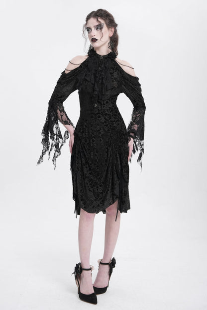 Black Off Shoulder Drawstring Jacquard Embroidery Women's Gothic Party Dress