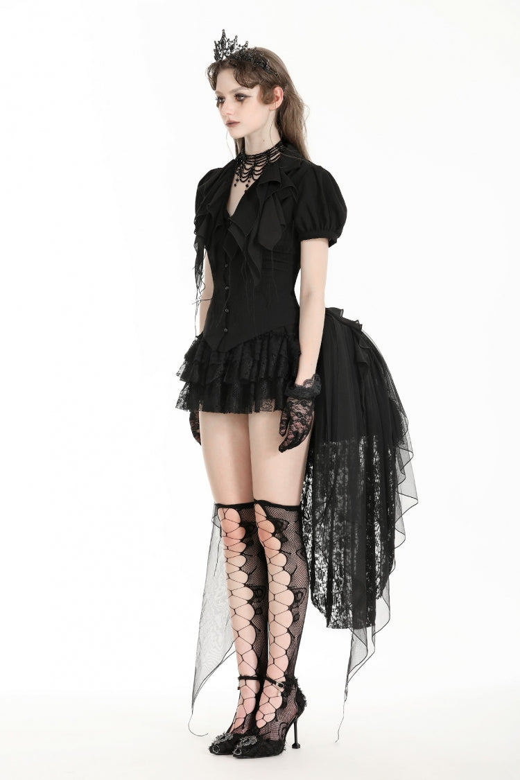Black Multi-Layered Deep V Collar Pleated Short Puff Sleeves Lace-Up Gothic Blouse