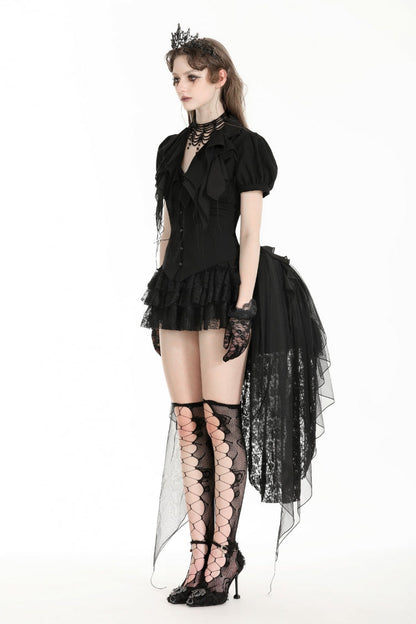 Black Multi-Layered Deep V Collar Pleated Short Puff Sleeves Lace-Up Gothic Blouse